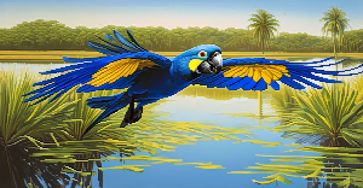 A large Hyacinth Macaw flying over wetlands with palm trees and clear blue sky.