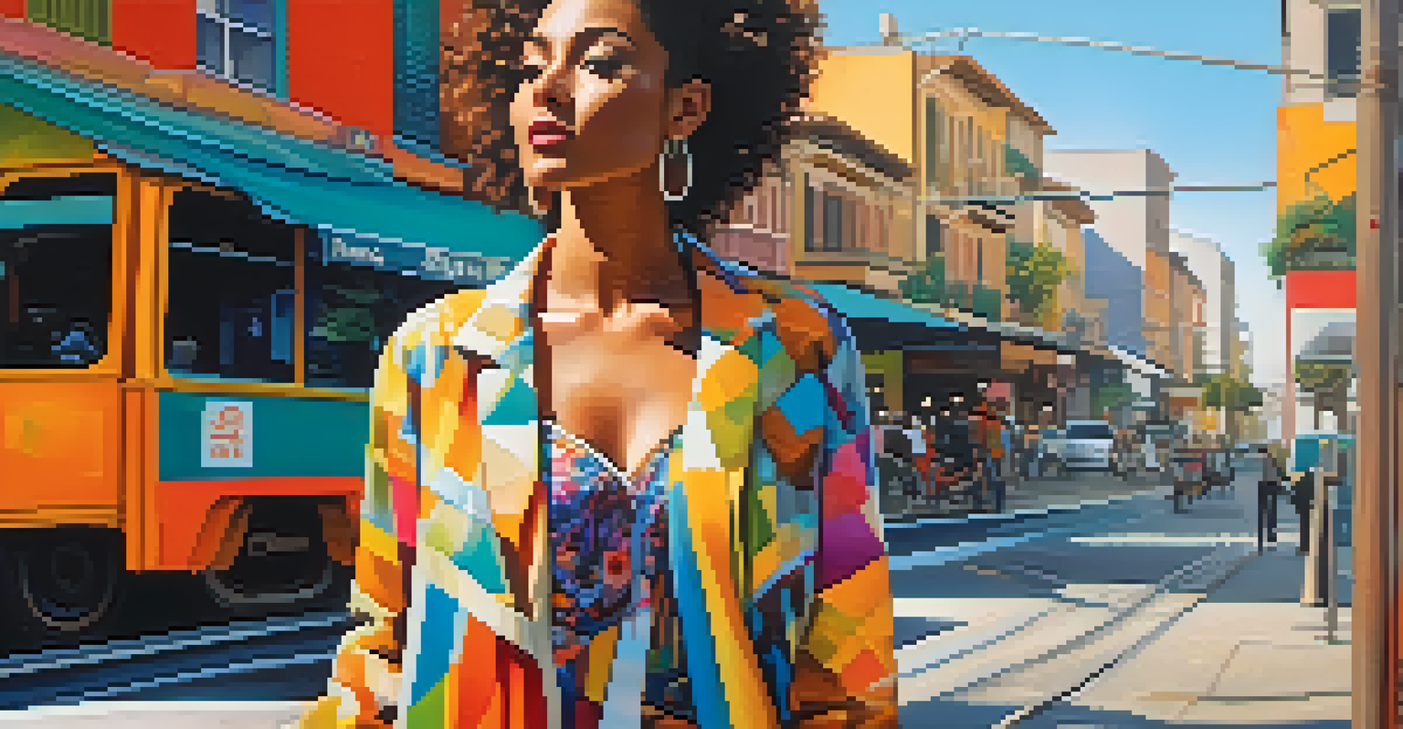 A fashionable Brazilian woman walking in a vibrant city, showcasing casual yet stylish attire.