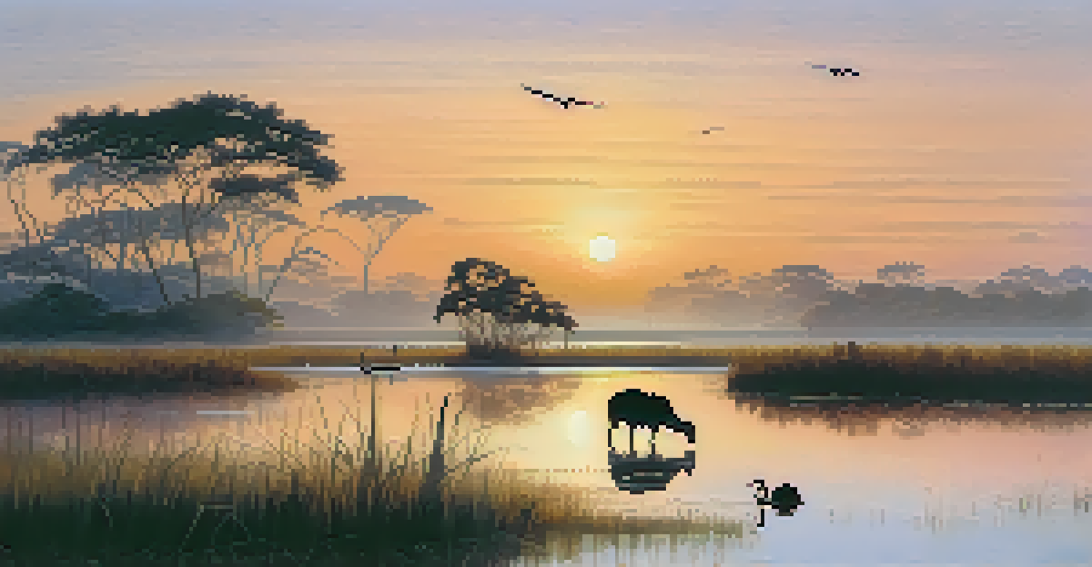 Capybaras and a heron in the Pantanal wetlands at dawn, with mist and soft colors in the sky.