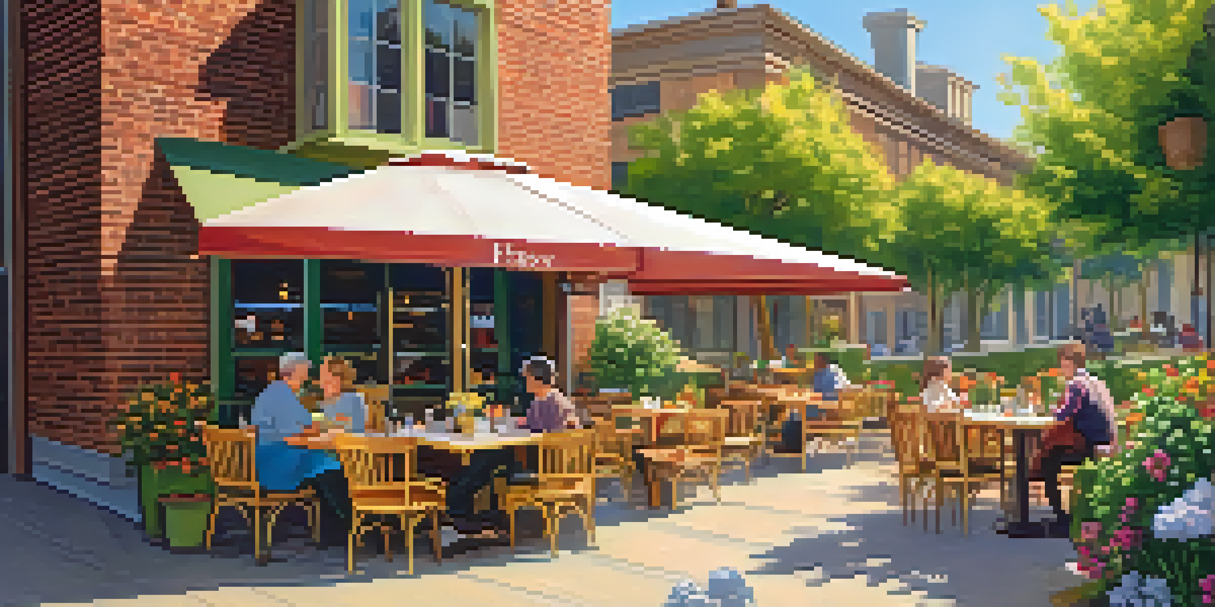 A dog sitting next to its owner at a sunny outdoor restaurant patio filled with flowers and wooden furniture.