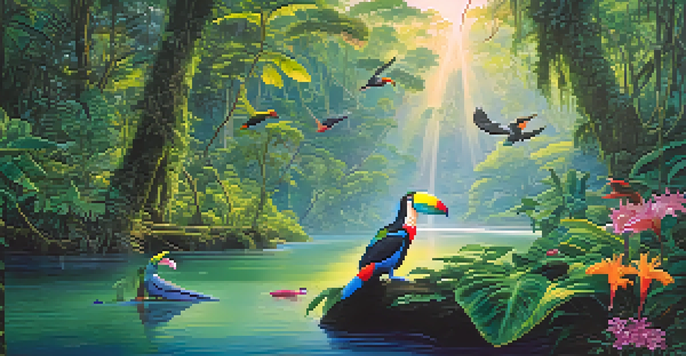 A colorful Amazon rainforest scene with birds and dolphins, sunlight filtering through the trees and reflecting on the river.