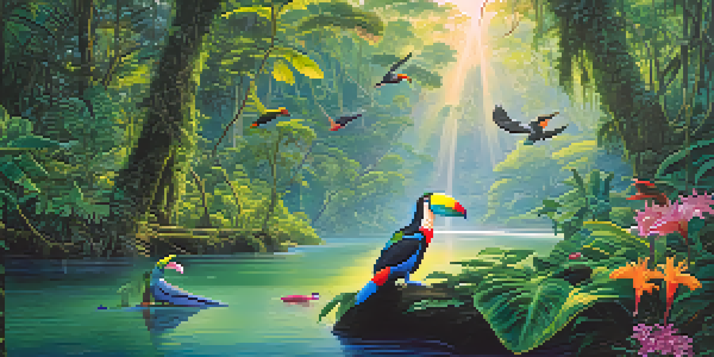A colorful Amazon rainforest scene with birds and dolphins, sunlight filtering through the trees and reflecting on the river.