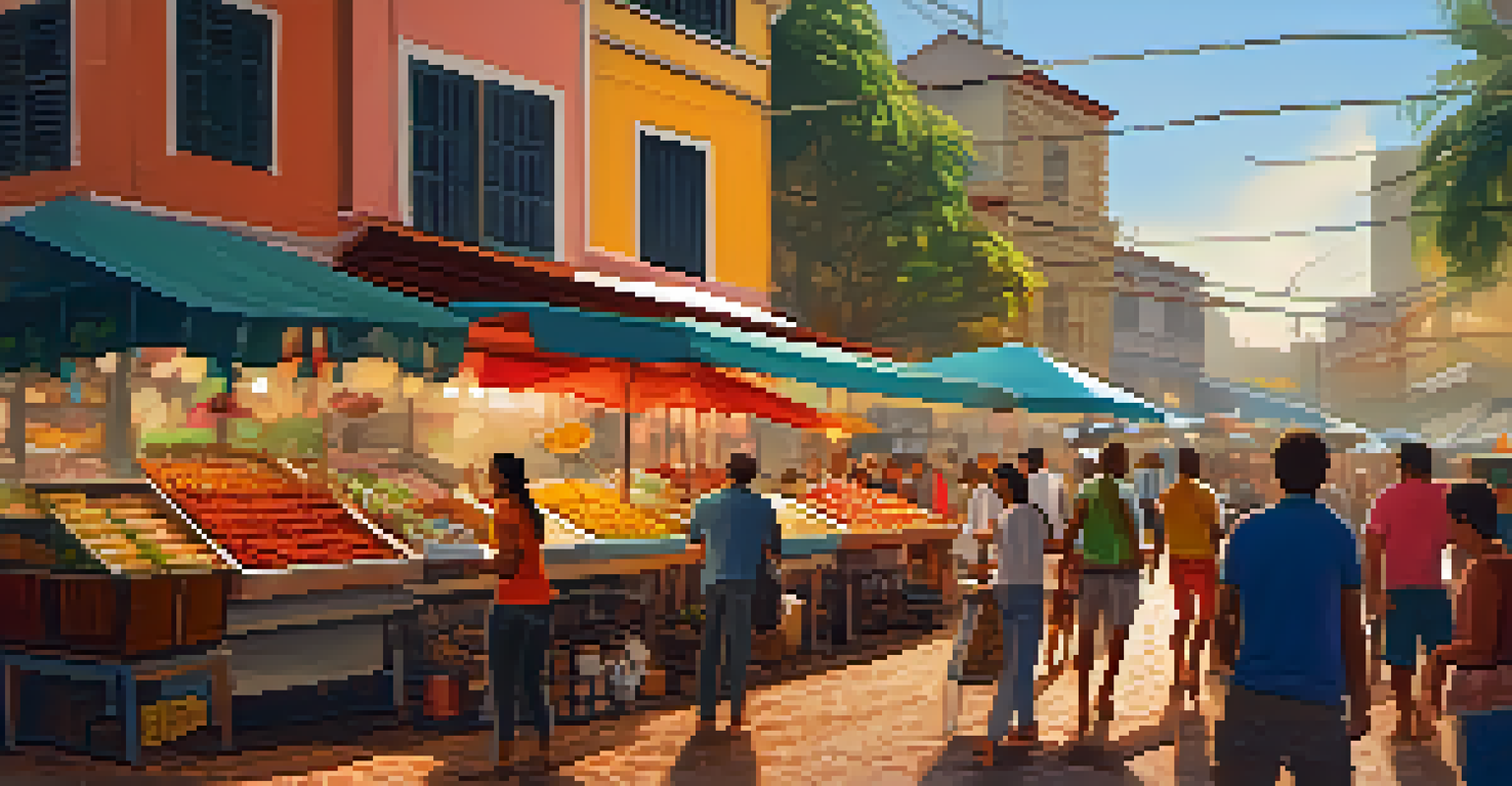 A colorful street food market in Brazil with stalls of fresh produce and people enjoying local cuisine.