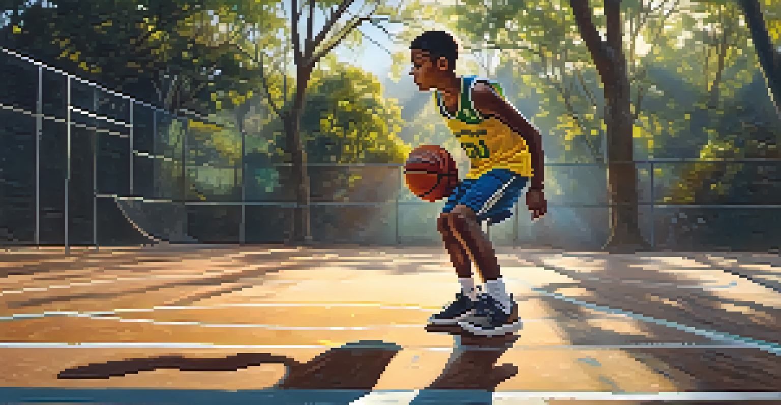 Close-up of a young Brazilian basketball player dribbling on a worn court, with sunlight filtering through trees and colorful jersey.