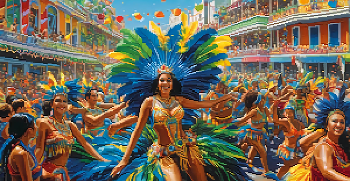 A lively Carnival parade in Brazil with colorful floats and dancers in elaborate costumes, surrounded by a joyful crowd and a bright blue sky.