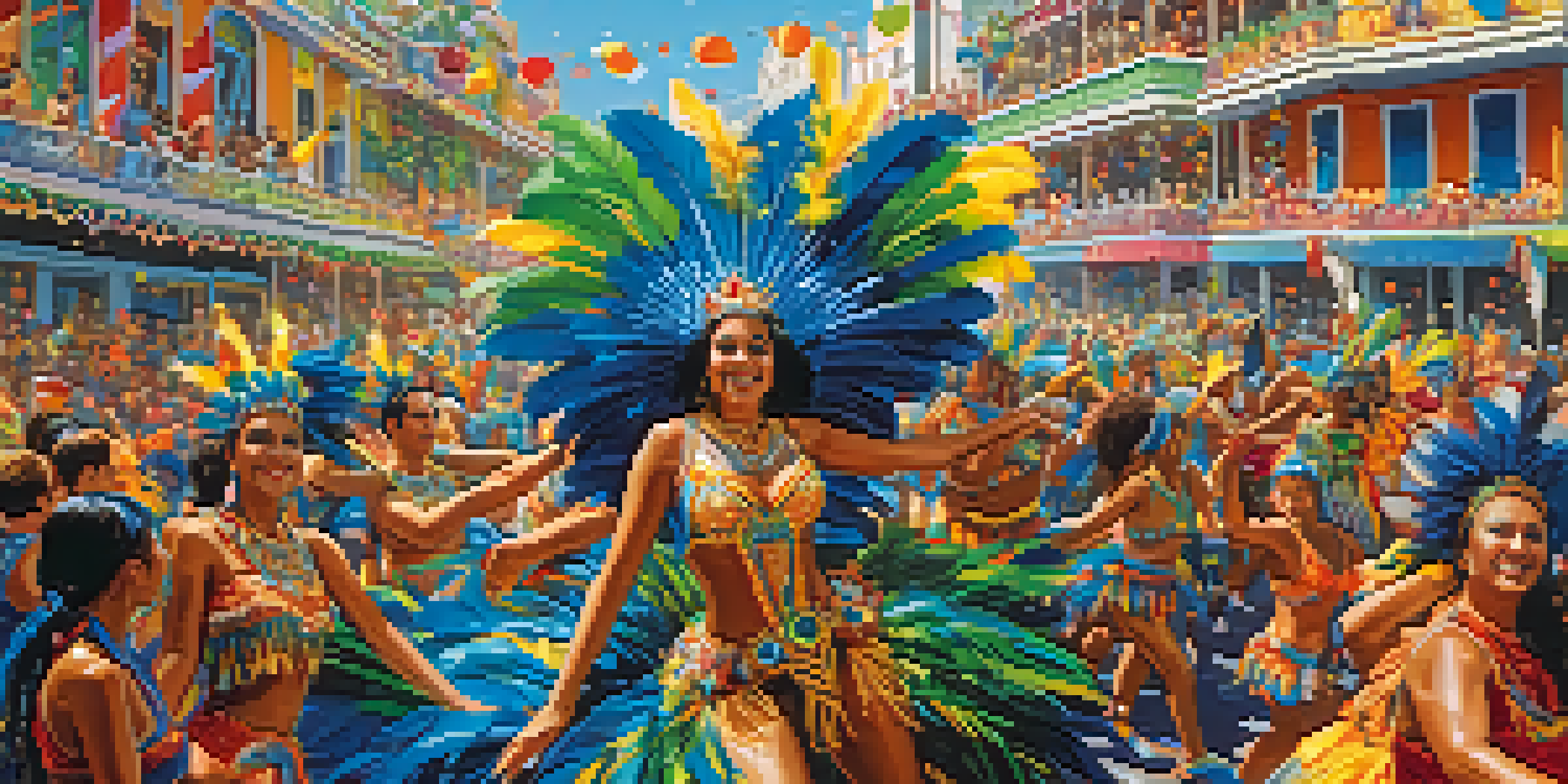 A lively Carnival parade in Brazil with colorful floats and dancers in elaborate costumes, surrounded by a joyful crowd and a bright blue sky.