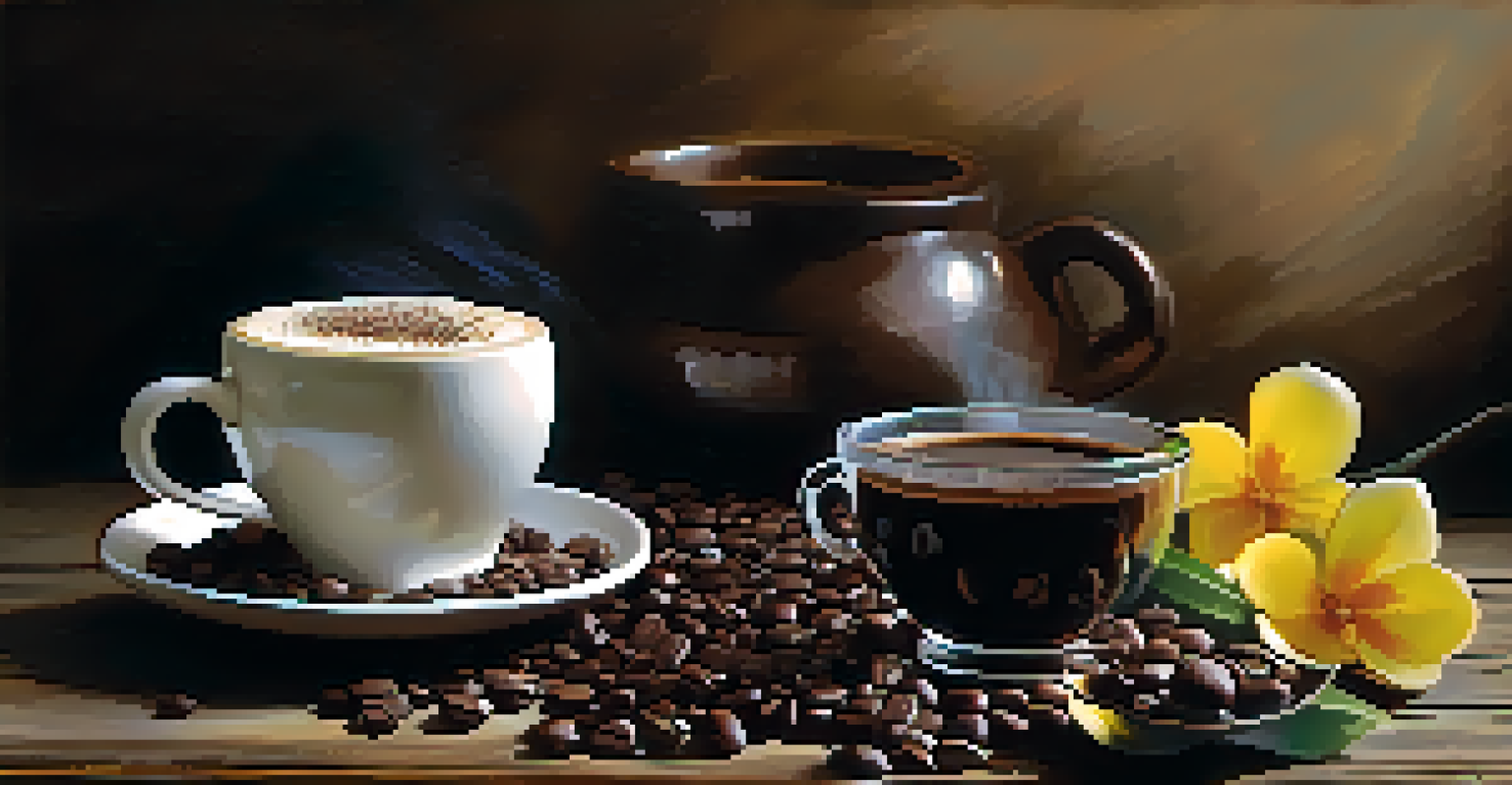 A steaming cup of Brazilian Arabica coffee on a wooden table, with coffee beans, flowers, and a slice of dark chocolate cake, illuminated by soft natural light.