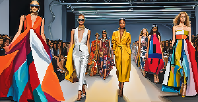 A colorful runway at São Paulo Fashion Week with models in bold, exaggerated clothing walking in front of an engaged audience.
