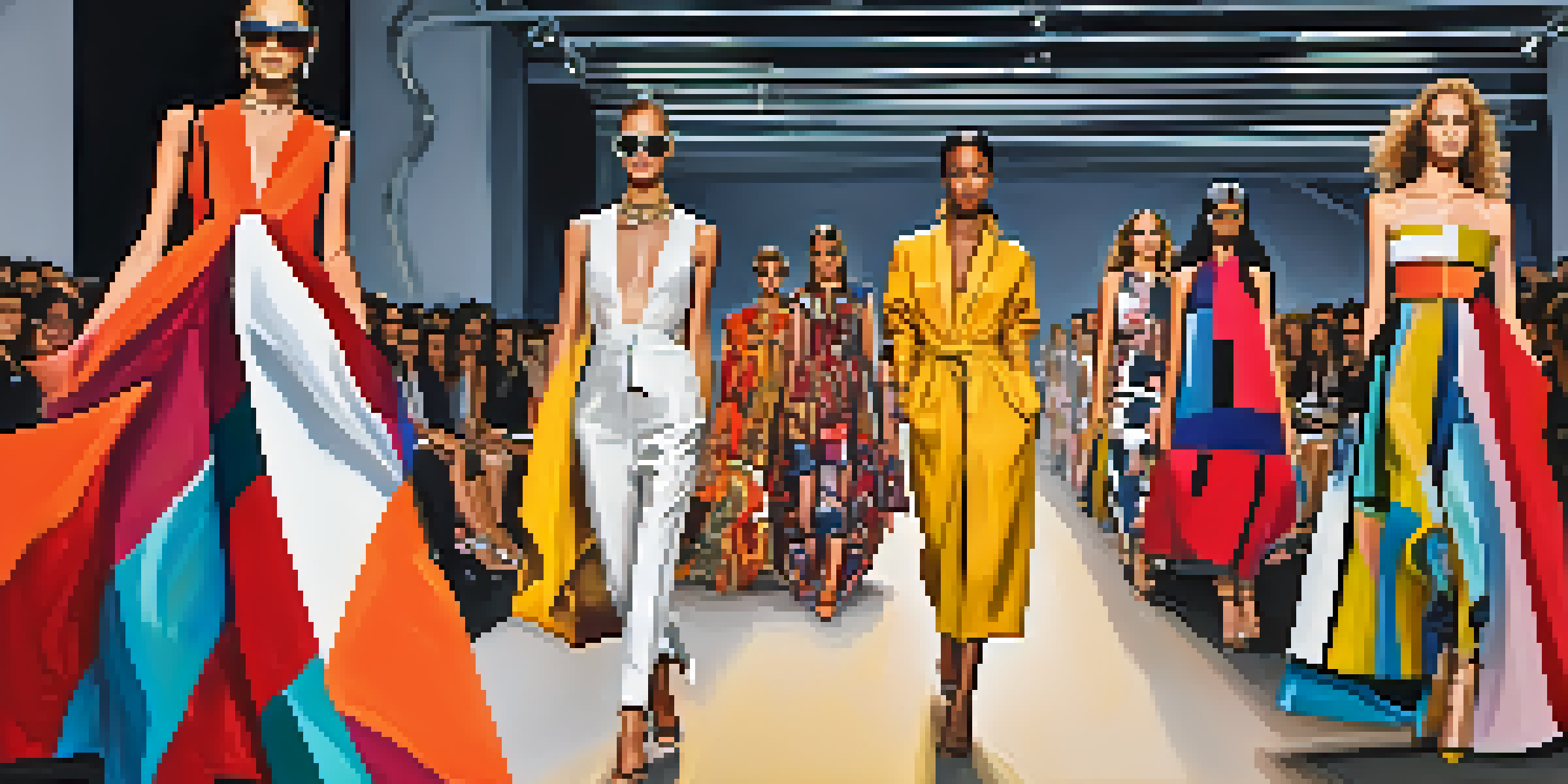 A colorful runway at São Paulo Fashion Week with models in bold, exaggerated clothing walking in front of an engaged audience.