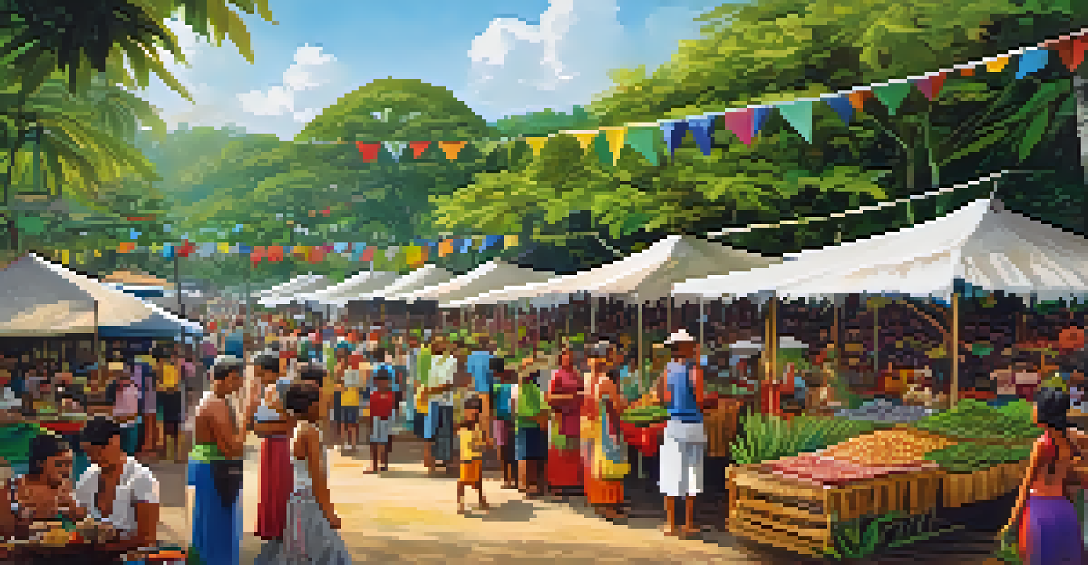 A vibrant food market at the Parintins Folklore Festival showcasing local dishes with colorful decorations and people enjoying meals.