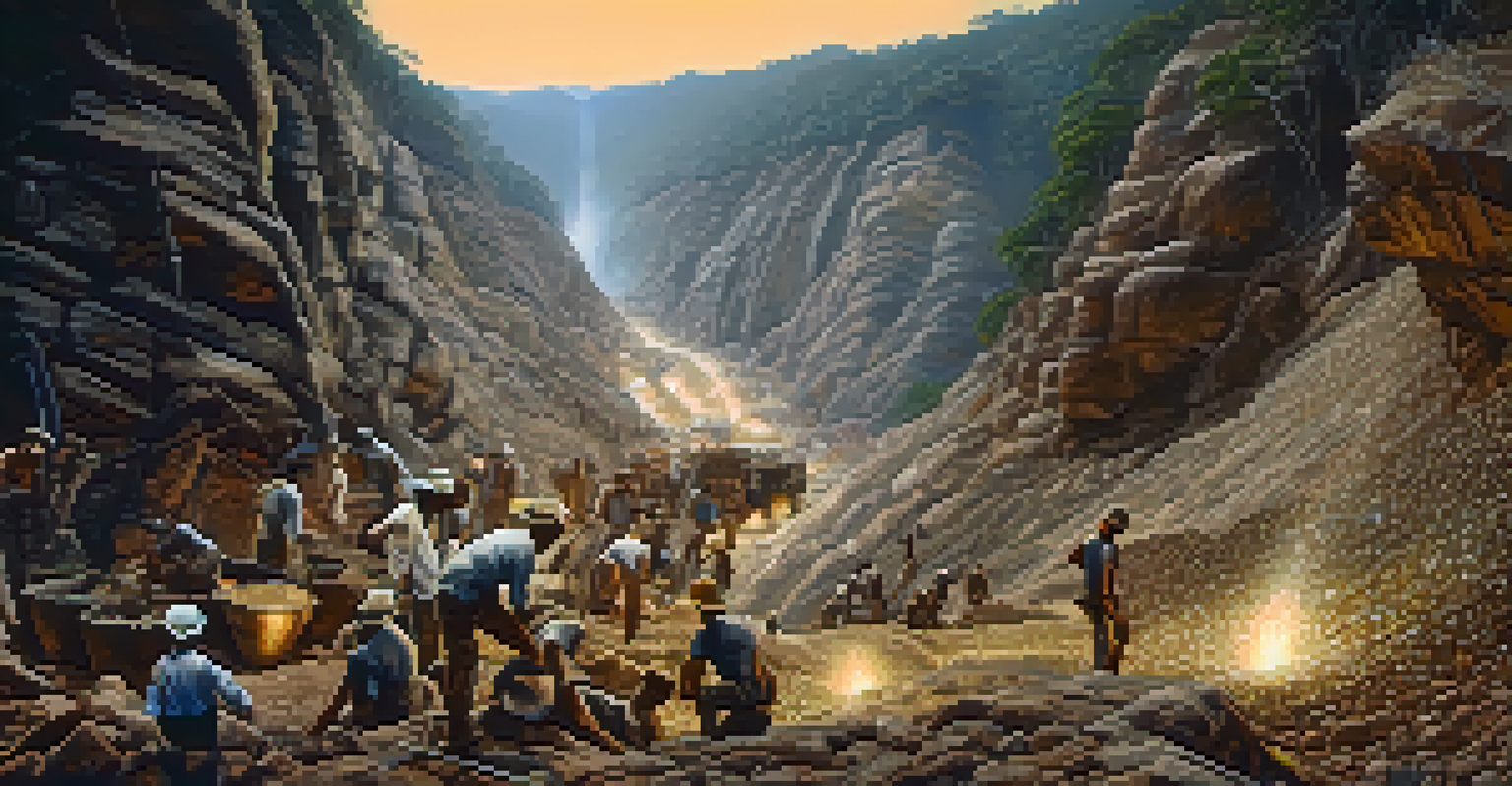 Miners working in a diamond mine, illustrating the contrast between wealth and harsh labor conditions.