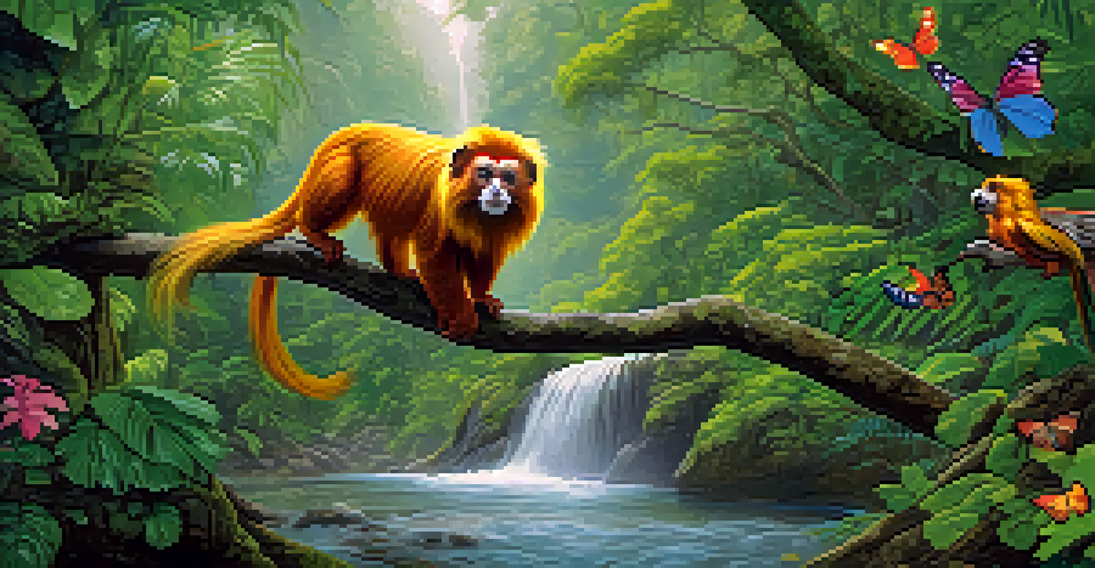 A golden lion tamarin swinging from a branch in a lush, green forest with a flowing stream.