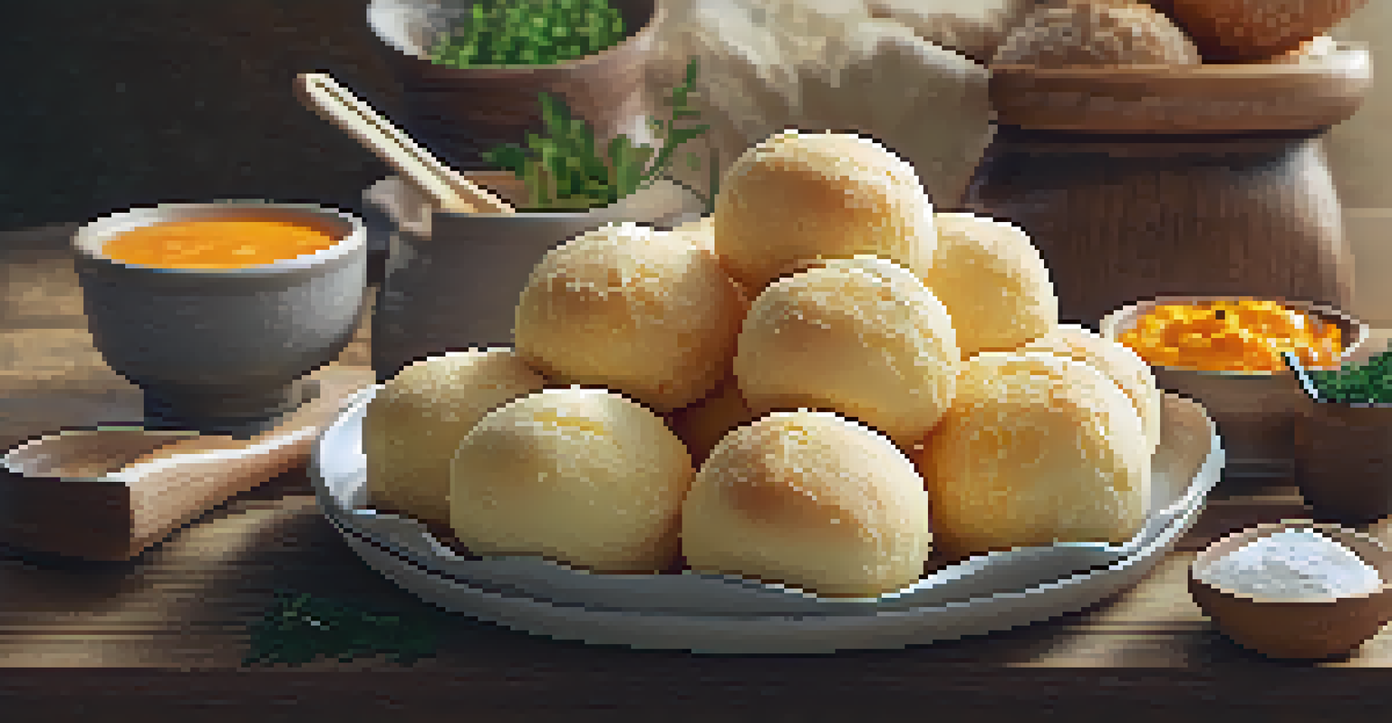A close-up of freshly baked pão de queijo on a wooden table with dipping sauce.