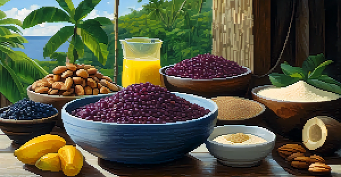 A colorful display of Amazonian ingredients including açaí bowls, Brazil nuts, and manioc flour on a rustic wooden table illuminated by sunlight.