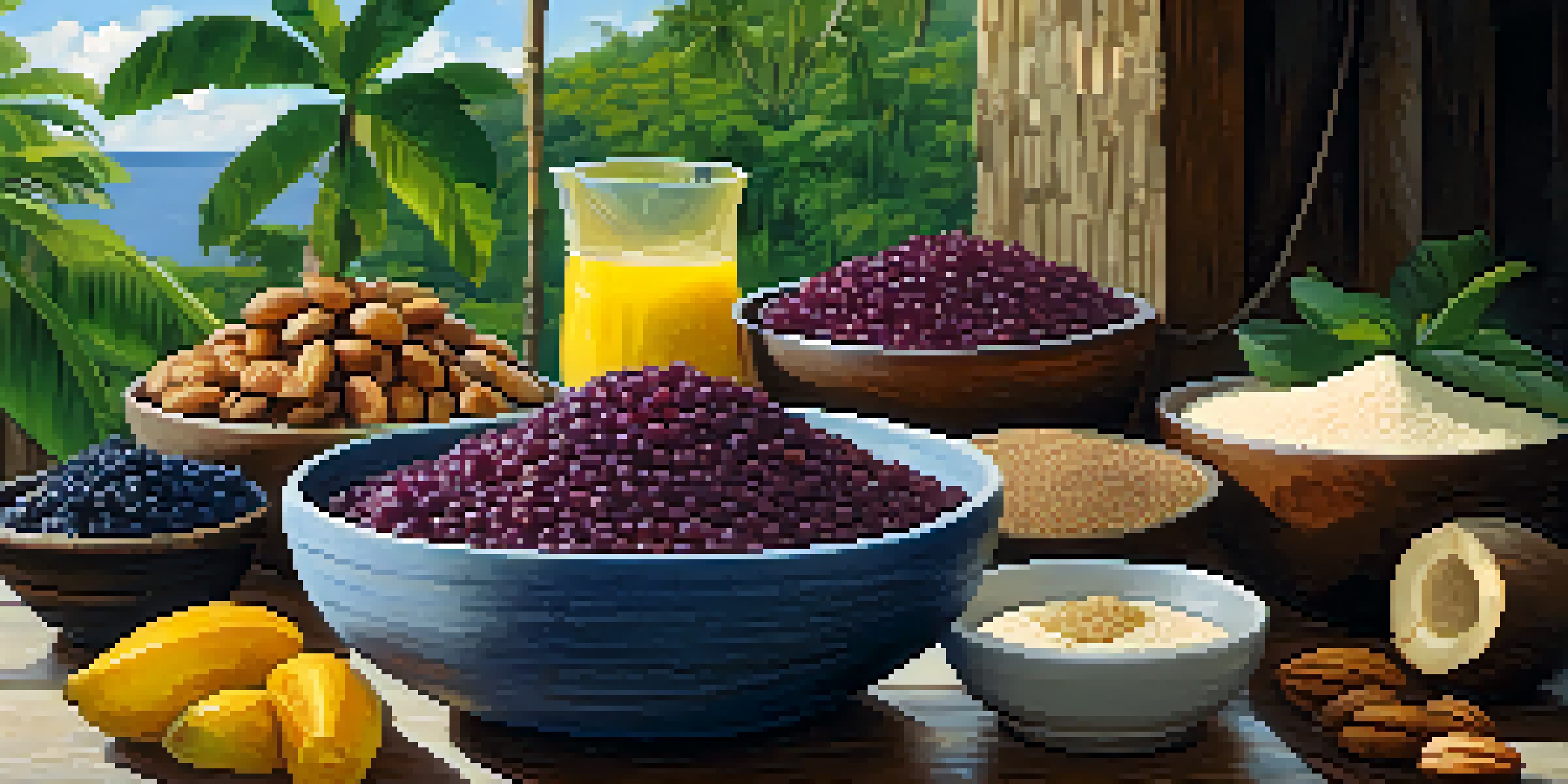 A colorful display of Amazonian ingredients including açaí bowls, Brazil nuts, and manioc flour on a rustic wooden table illuminated by sunlight.