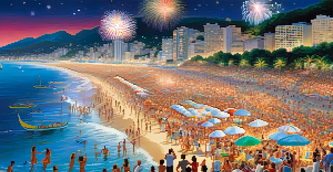 A lively New Year's Eve celebration at Copacabana Beach with people in white, colorful fireworks in the sky, and ocean waves.