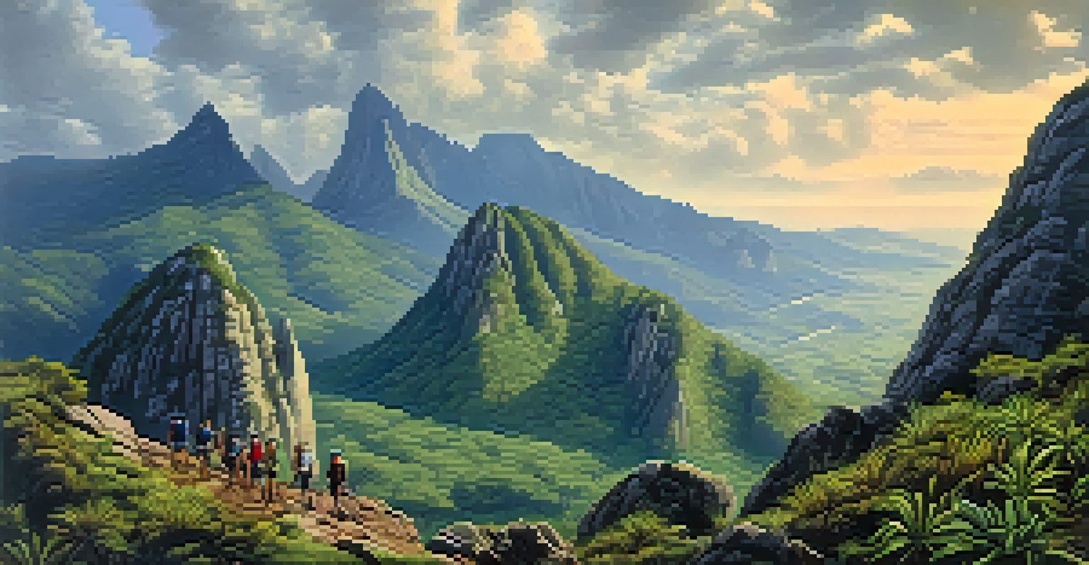 Hikers exploring the rugged landscape of Serra dos Órgãos National Park with Dedo de Deus peak in the background.