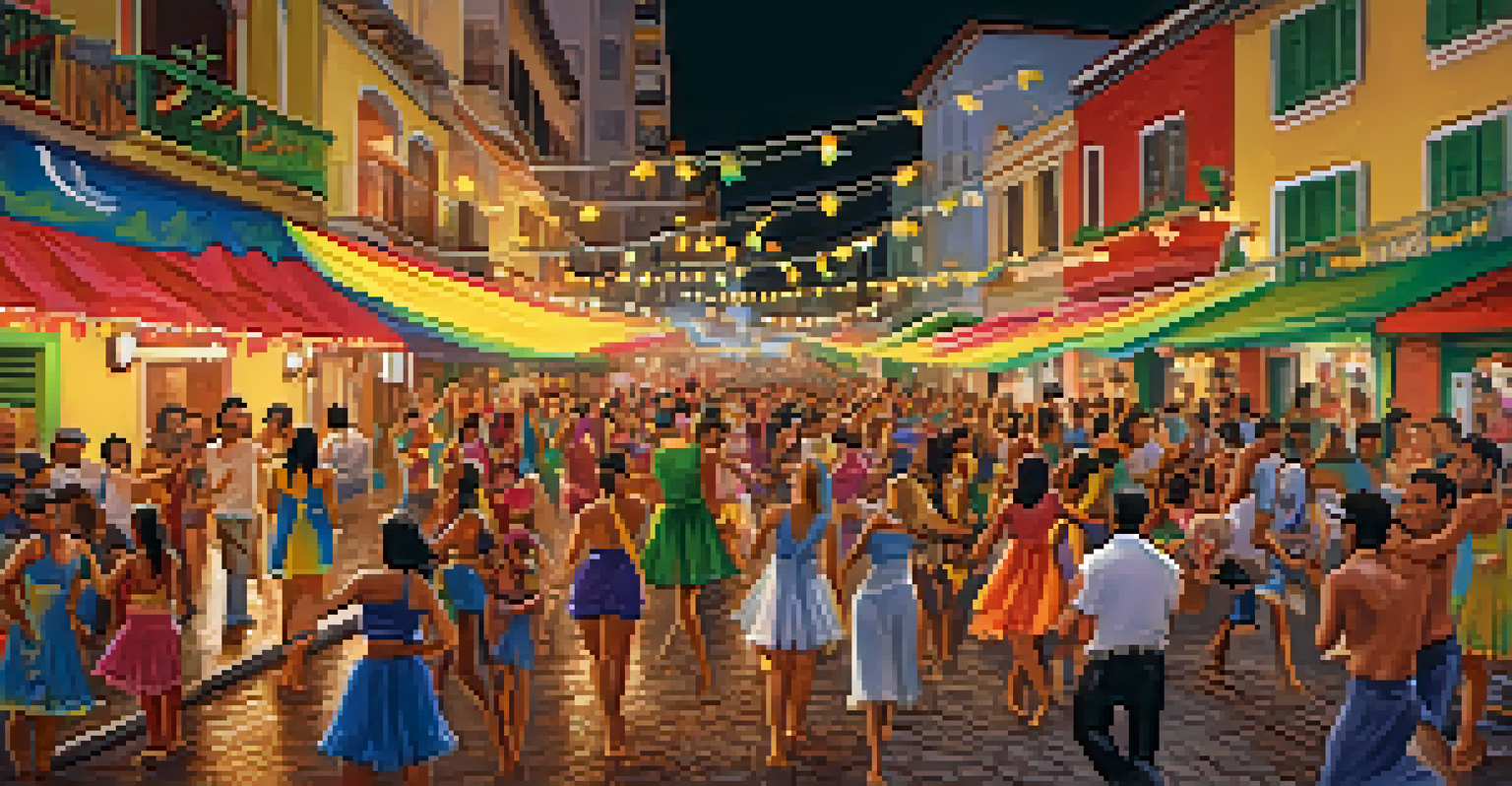 A lively Brazilian street festival with dancers in colorful costumes and decorations.