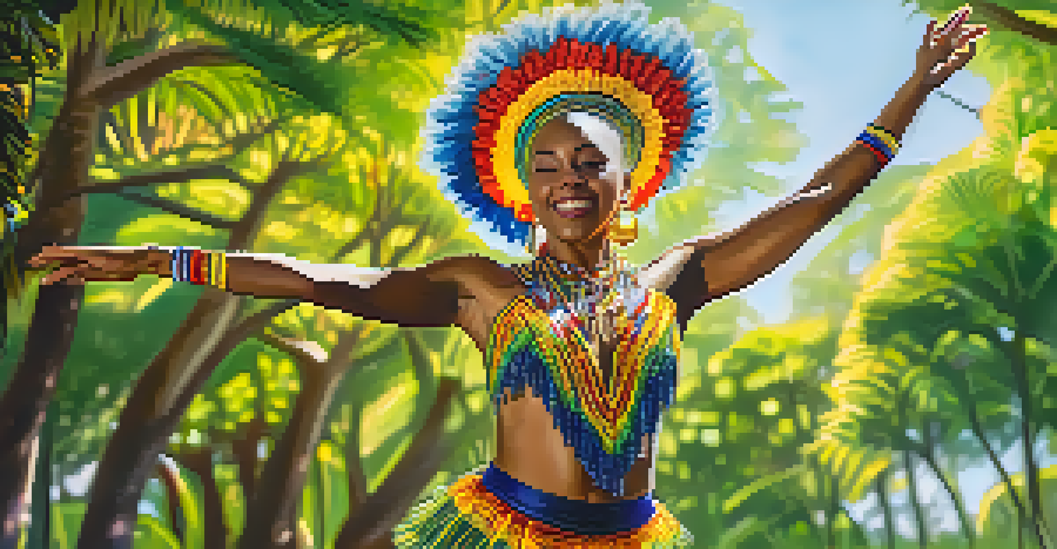 An Afro-Brazilian woman in traditional attire dancing in a green park, surrounded by sunlight.