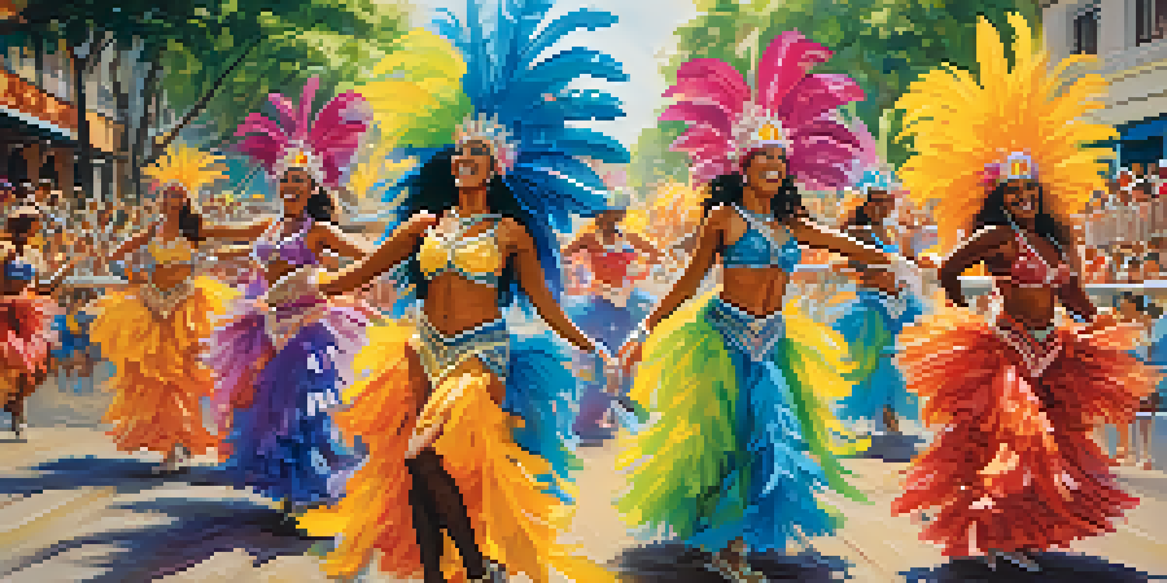 A lively street scene during Carnival in Brazil with dancers in colorful Samba costumes and a festive crowd.