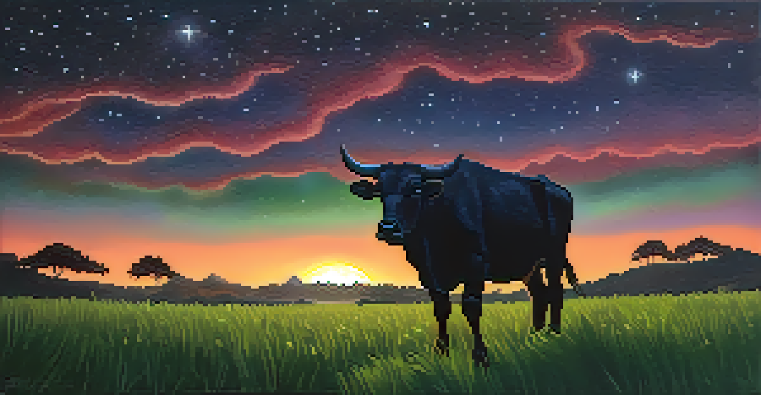 A tranquil countryside scene at twilight with a glowing silhouette of the Boi Tatá, surrounded by green fields and a starry sky.