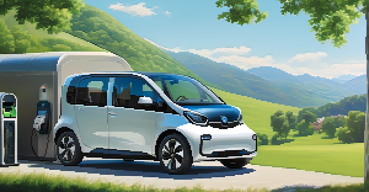 An electric vehicle parked at a charging station with green hills and a blue sky in the background.