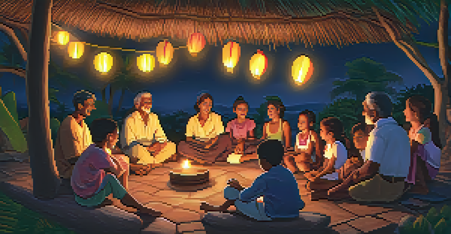 A traditional Brazilian storytelling session with an elder sharing folklore legends to captivated children, surrounded by colorful lanterns and warm firelight.