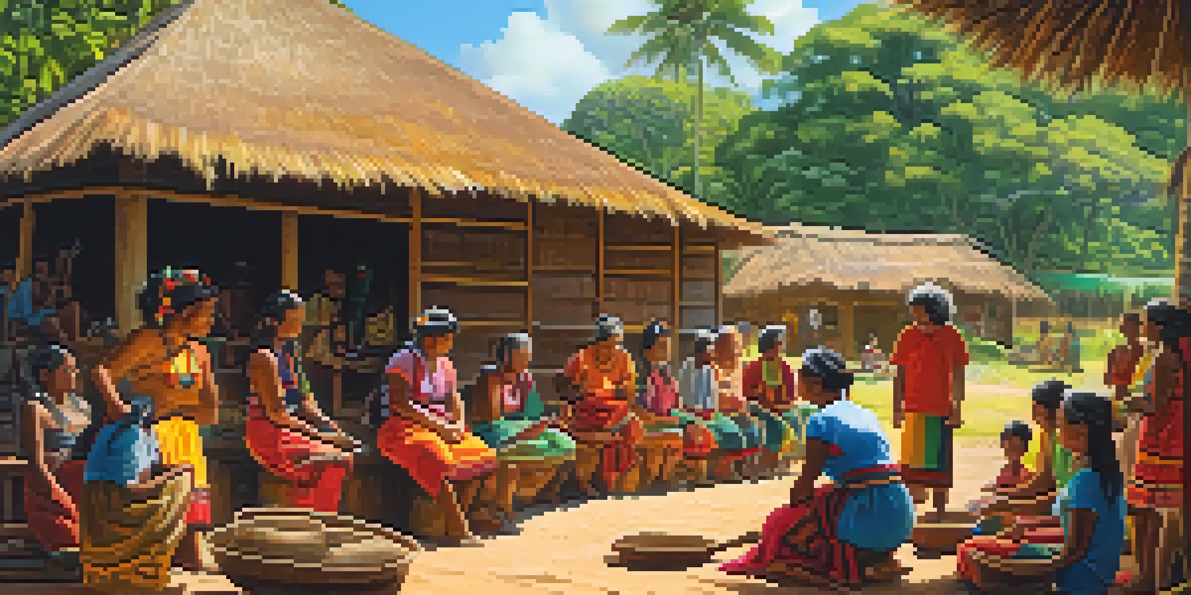 An indigenous community in Brazil participating in a traditional craft workshop, surrounded by colorful handmade artifacts and lush greenery.