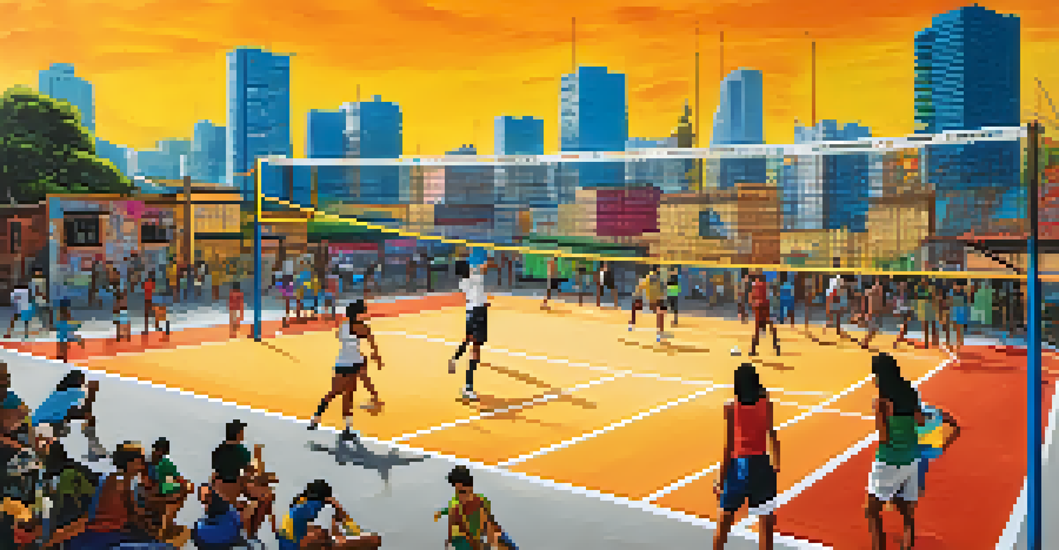 A volleyball court in an urban area of Brazil with diverse players and colorful graffiti art.