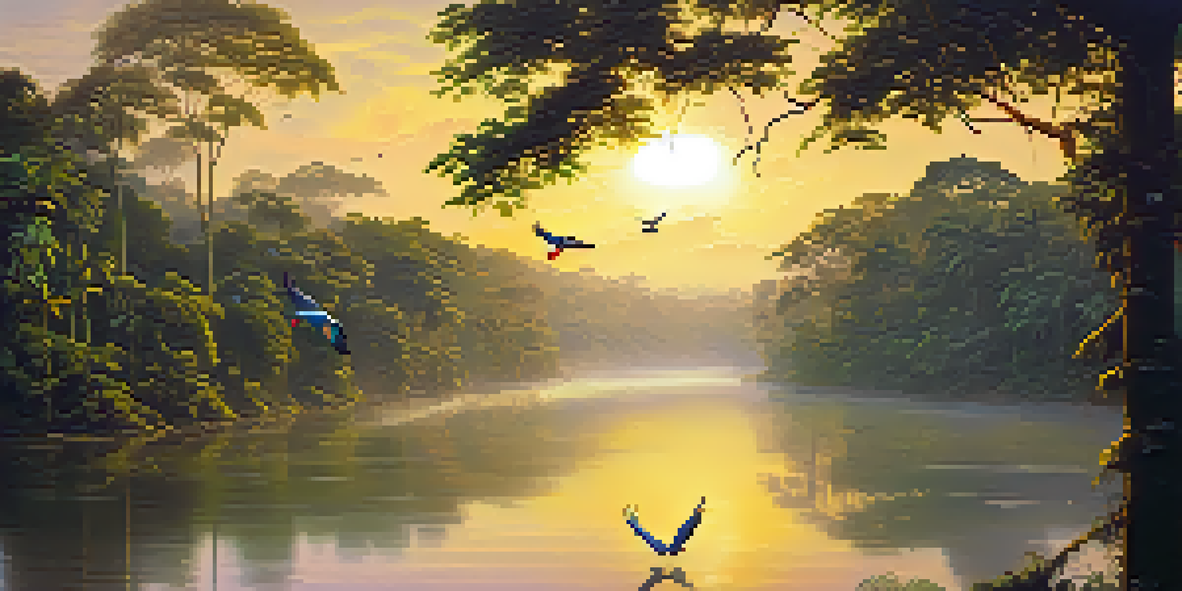 A scenic view of the Amazon rainforest at sunrise with mist rising above the river and colorful birds in the sky.