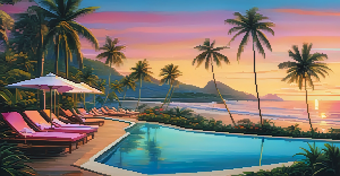 A luxurious beachfront resort in Brazil with elegant villas, palm trees, and a beautiful sunset over the ocean.