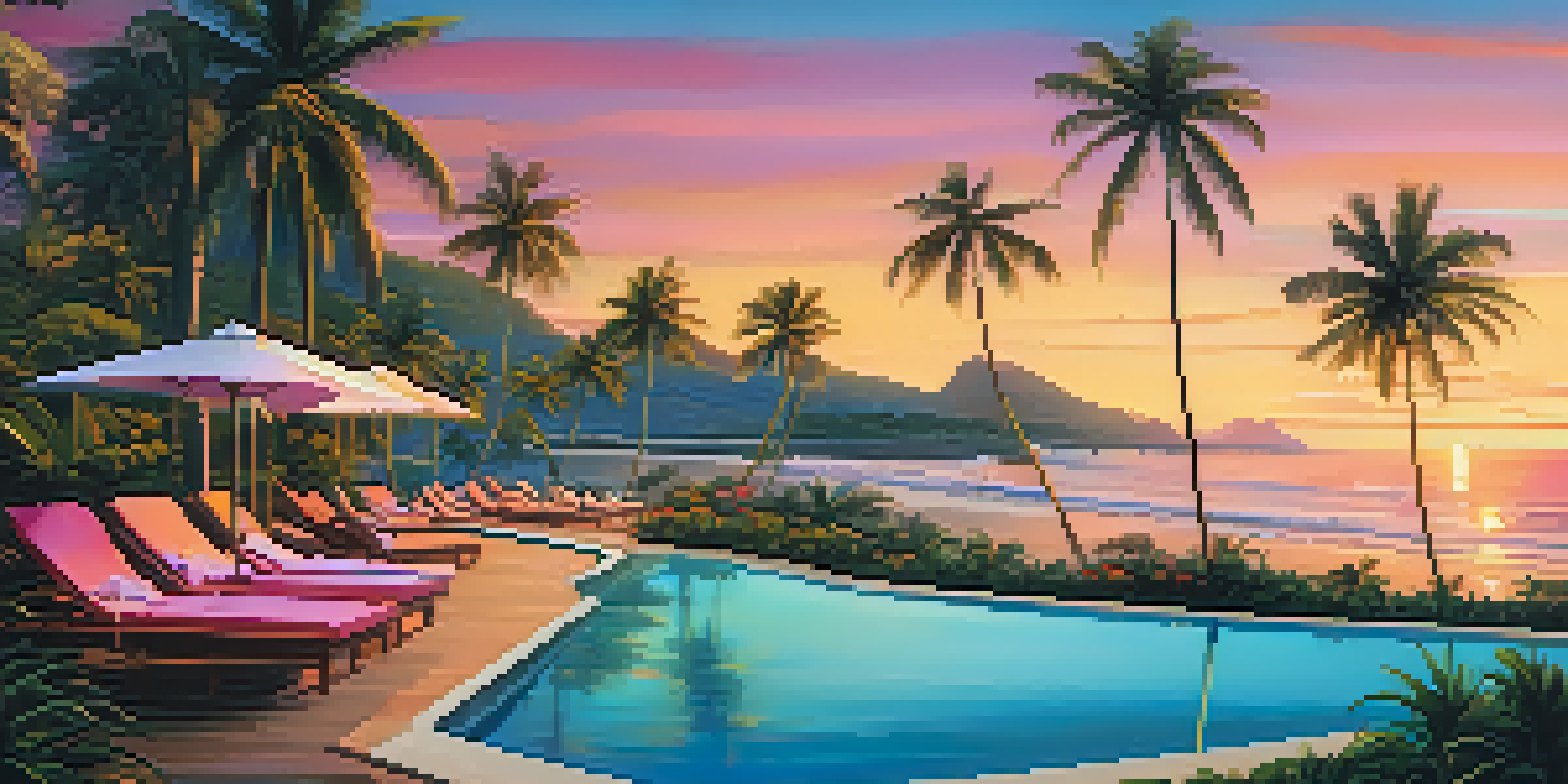 A luxurious beachfront resort in Brazil with elegant villas, palm trees, and a beautiful sunset over the ocean.