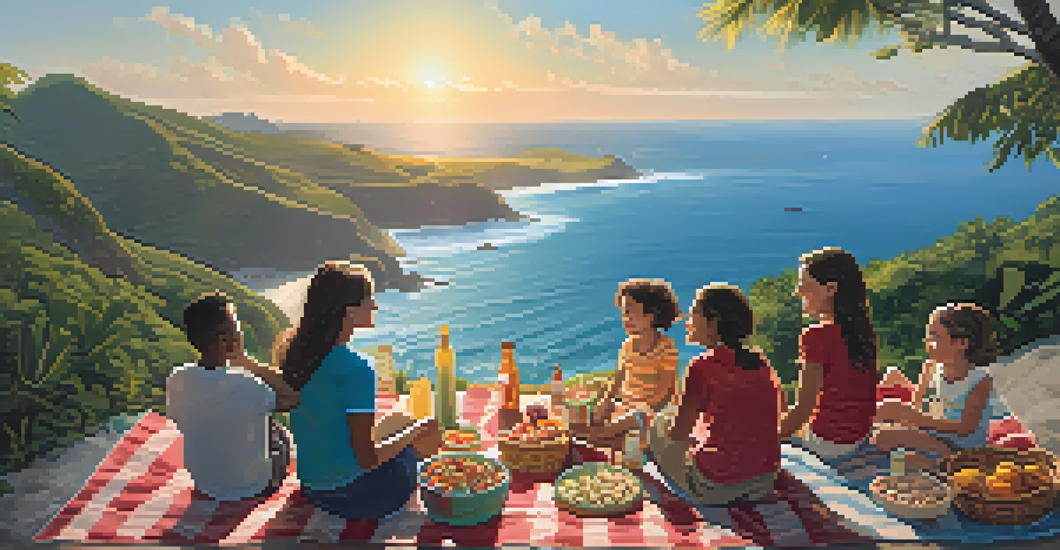 A family having a picnic at a scenic viewpoint during a hike, with the ocean in the background.