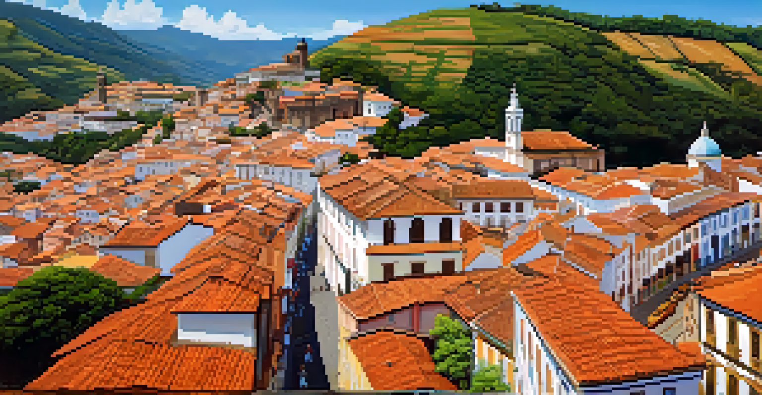 Aerial view of Ouro Preto, Brazil, featuring baroque architecture and vibrant local markets.