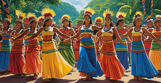 Indigenous dancers in traditional clothing perform at an ecotourism festival surrounded by lush Amazon rainforest.