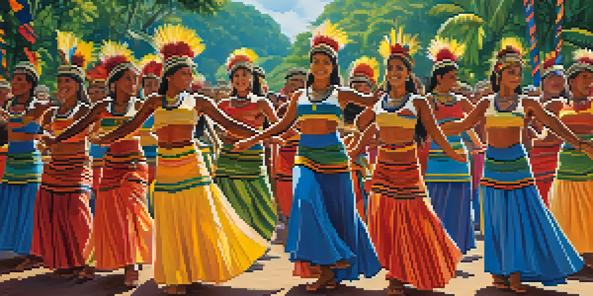 Indigenous dancers in traditional clothing perform at an ecotourism festival surrounded by lush Amazon rainforest.