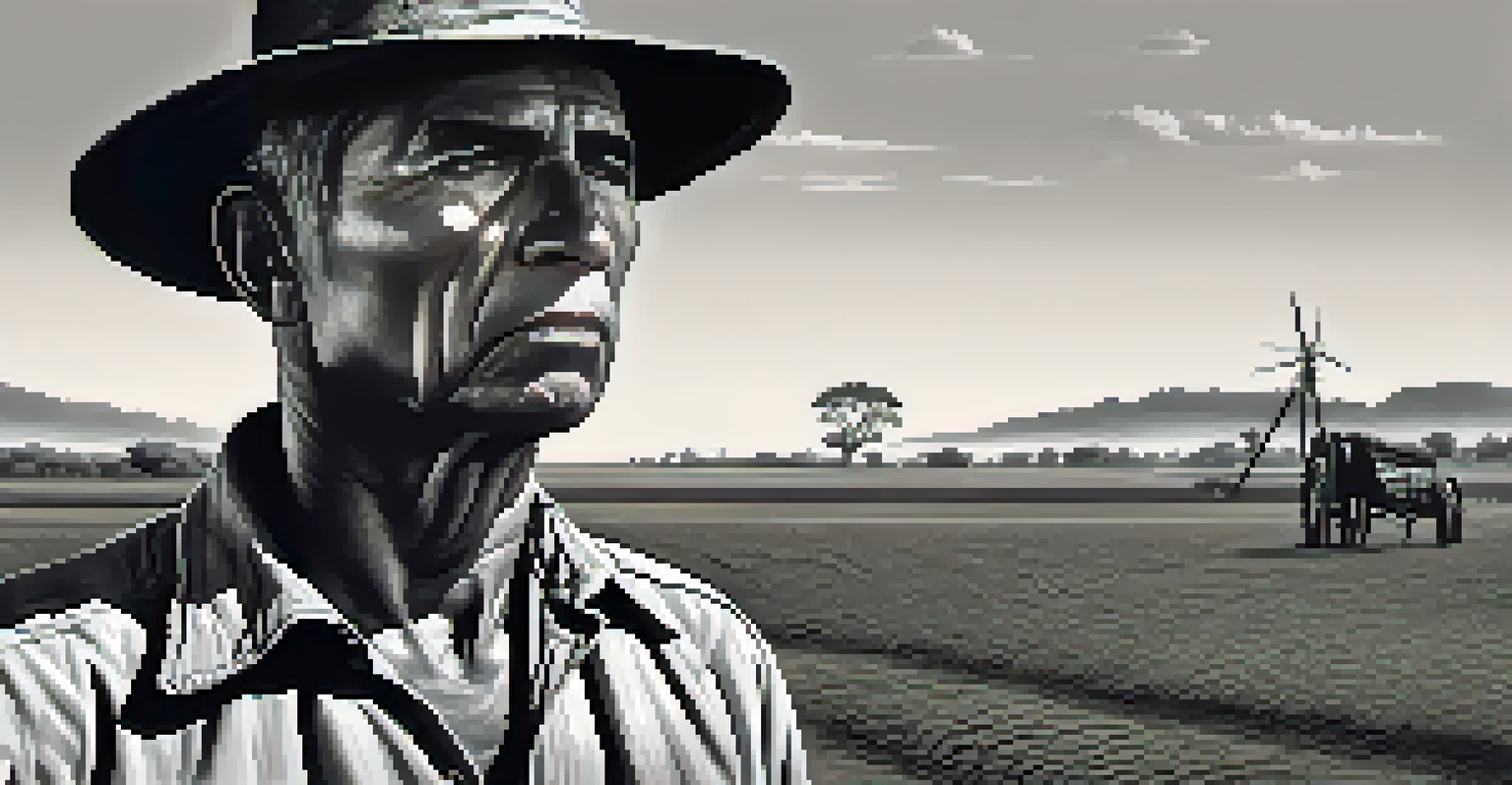 A black-and-white portrait of a Brazilian farmer in a drought-stricken field, showcasing resilience and the harsh realities of rural life.