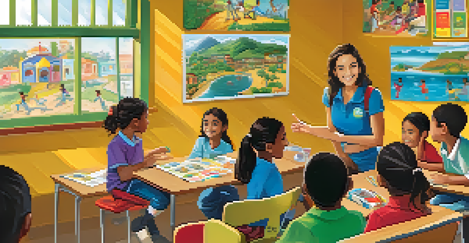 A volunteer teaching English to Brazilian children in a colorful classroom filled with educational materials.