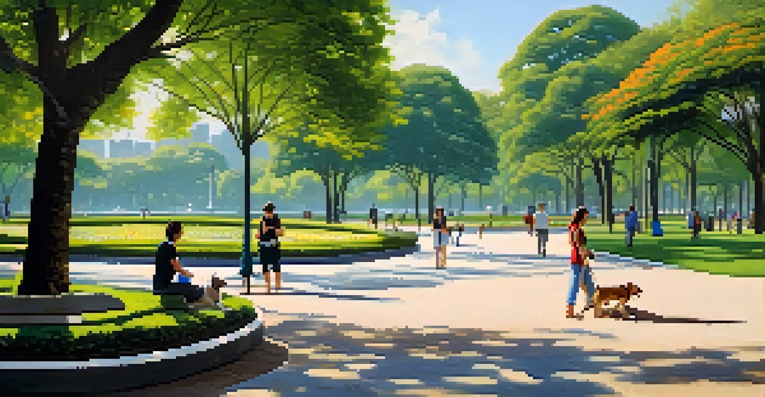 A scenic park in São Paulo with people walking dogs, colorful flowerbeds, and sculptures, surrounded by greenery and a clear blue sky.