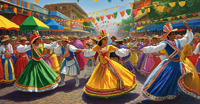 Two teams in colorful costumes performing at the Festival de Parintins, surrounded by vibrant decorations and festival lights.