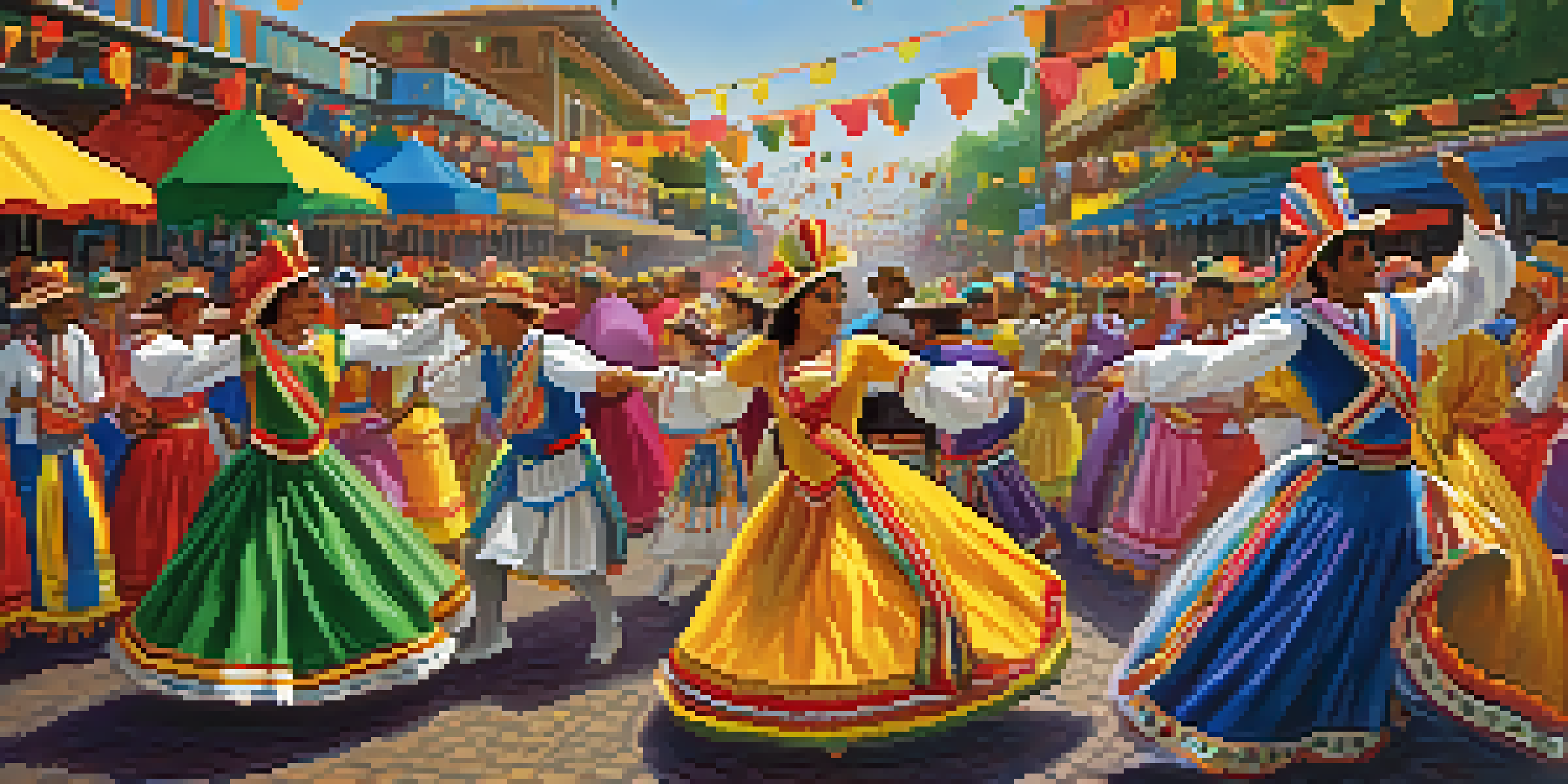 Two teams in colorful costumes performing at the Festival de Parintins, surrounded by vibrant decorations and festival lights.