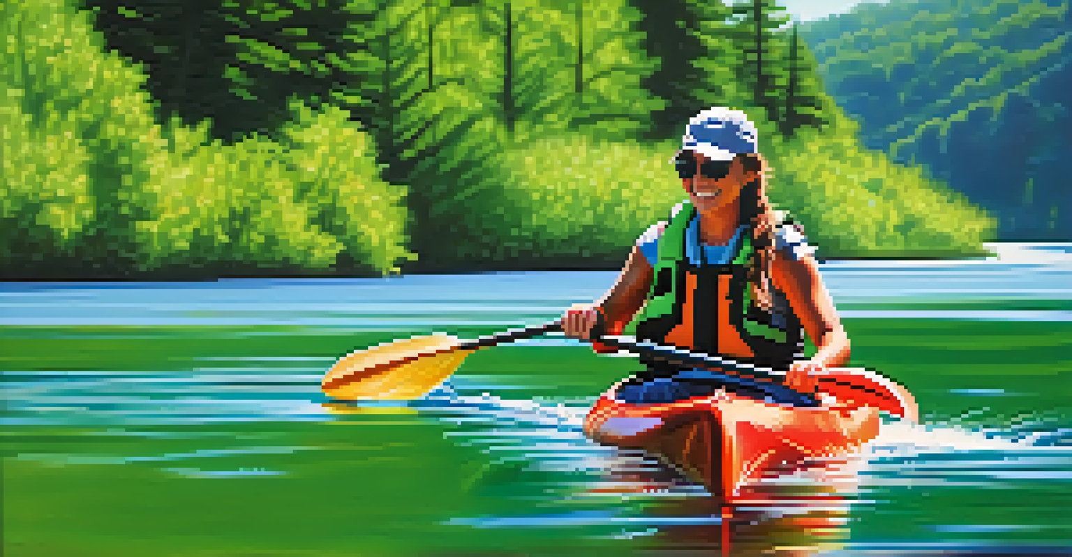 A happy kayaker paddling on a river, surrounded by greenery and sunlight.