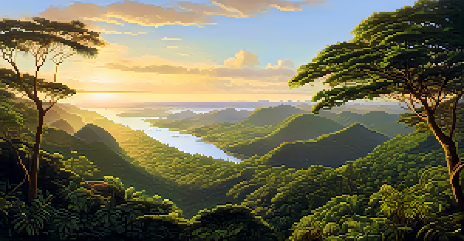 A panoramic sunset view of the Atlantic Forest, showing diverse habitats like coastal areas and mountains in warm golden light.