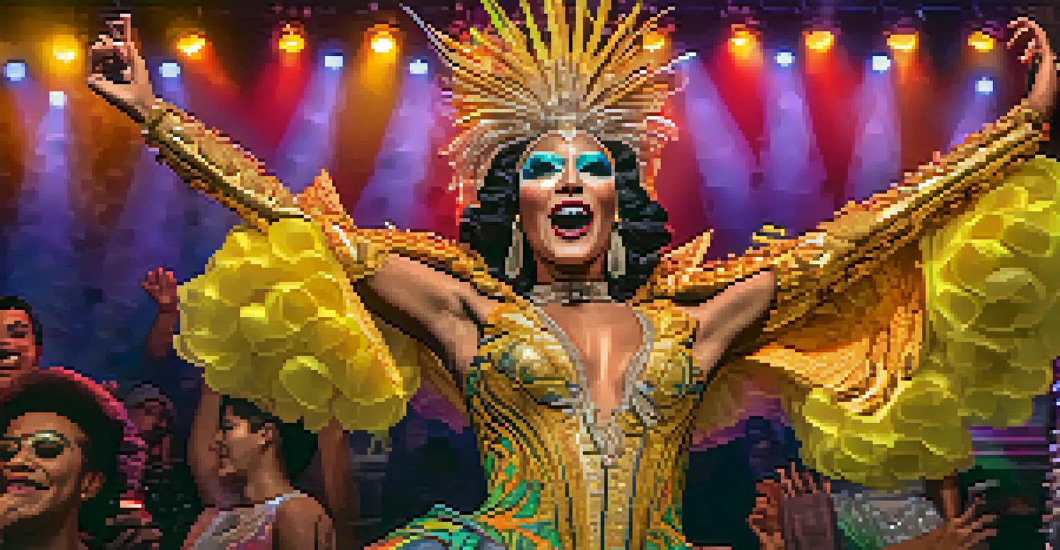 A drag performer in an elaborate costume on stage, with an excited audience cheering in a vibrant venue.
