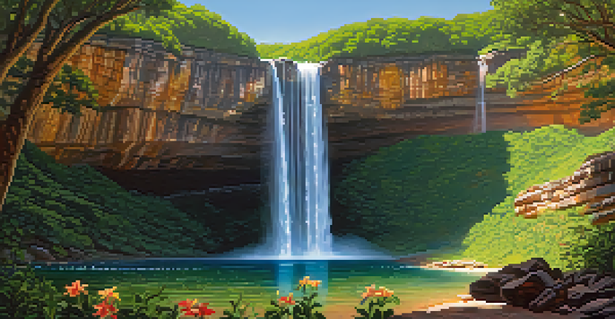 A stunning waterfall with clear water cascading over rocks into a pool, surrounded by lush vegetation and colorful flowers, illuminated by sunlight.
