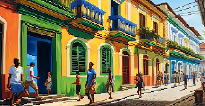 A lively street scene in Glória with colonial buildings, colorful murals, and people enjoying street food.