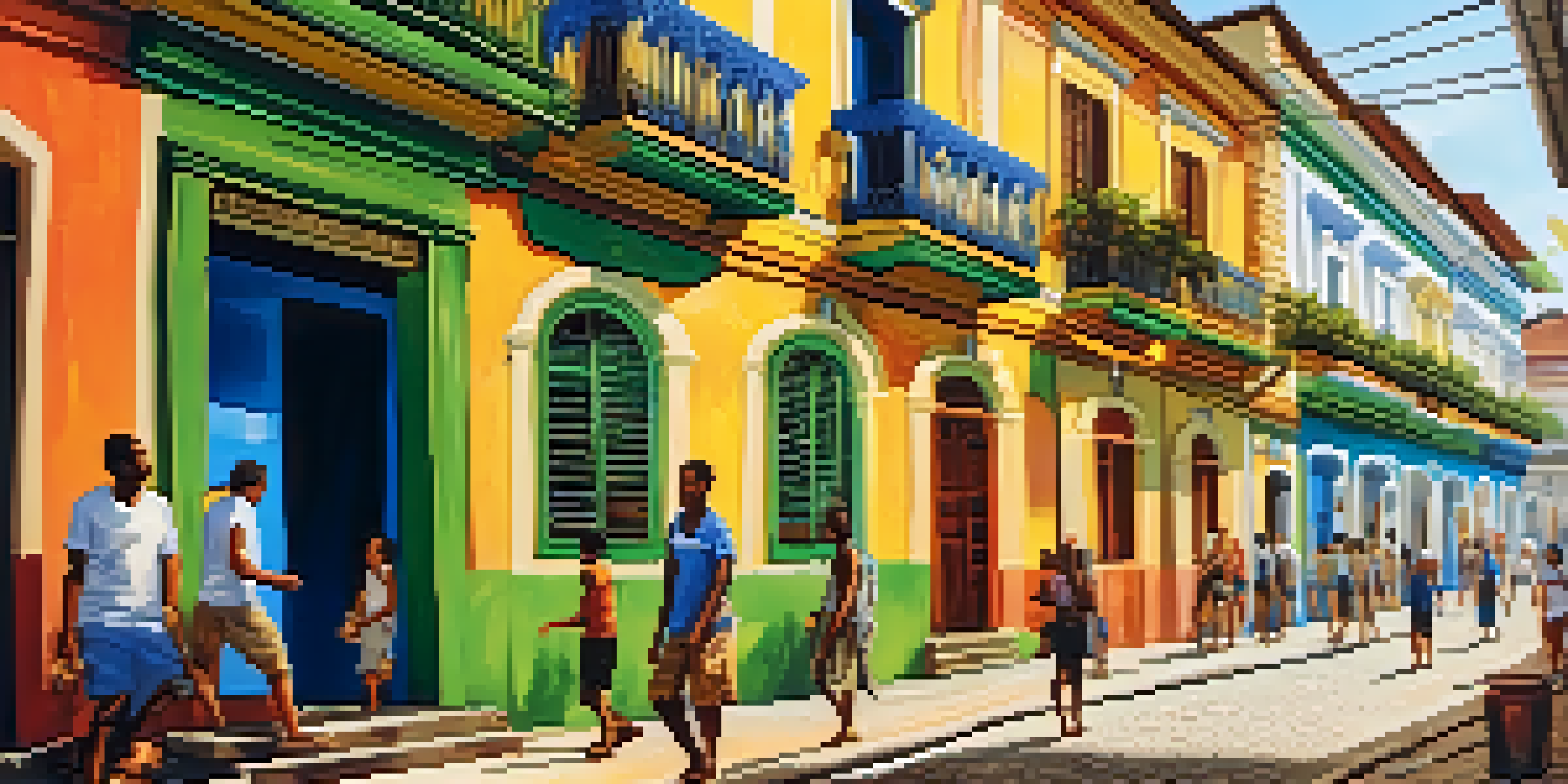 A lively street scene in Glória with colonial buildings, colorful murals, and people enjoying street food.