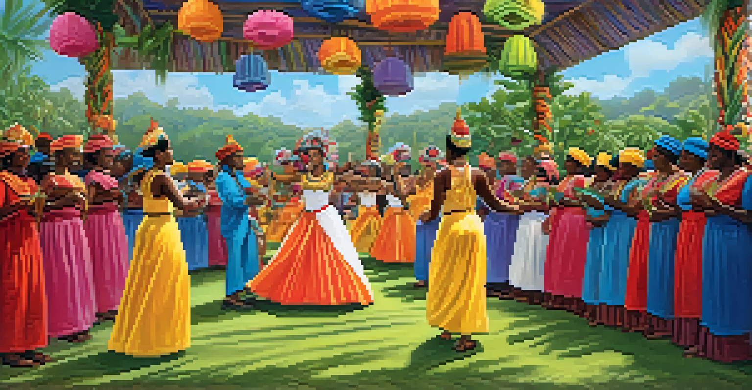 A lively Candomblé ceremony outdoors, featuring participants in traditional clothing dancing amidst colorful decorations and candles.