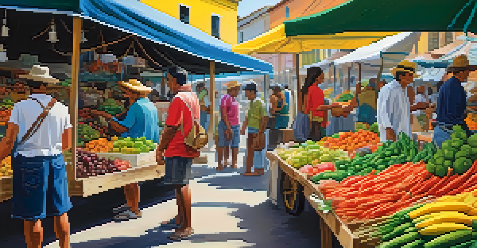 A lively Brazilian local market filled with colorful fruits, vegetables, and handmade crafts, showcasing local culture and community interaction.