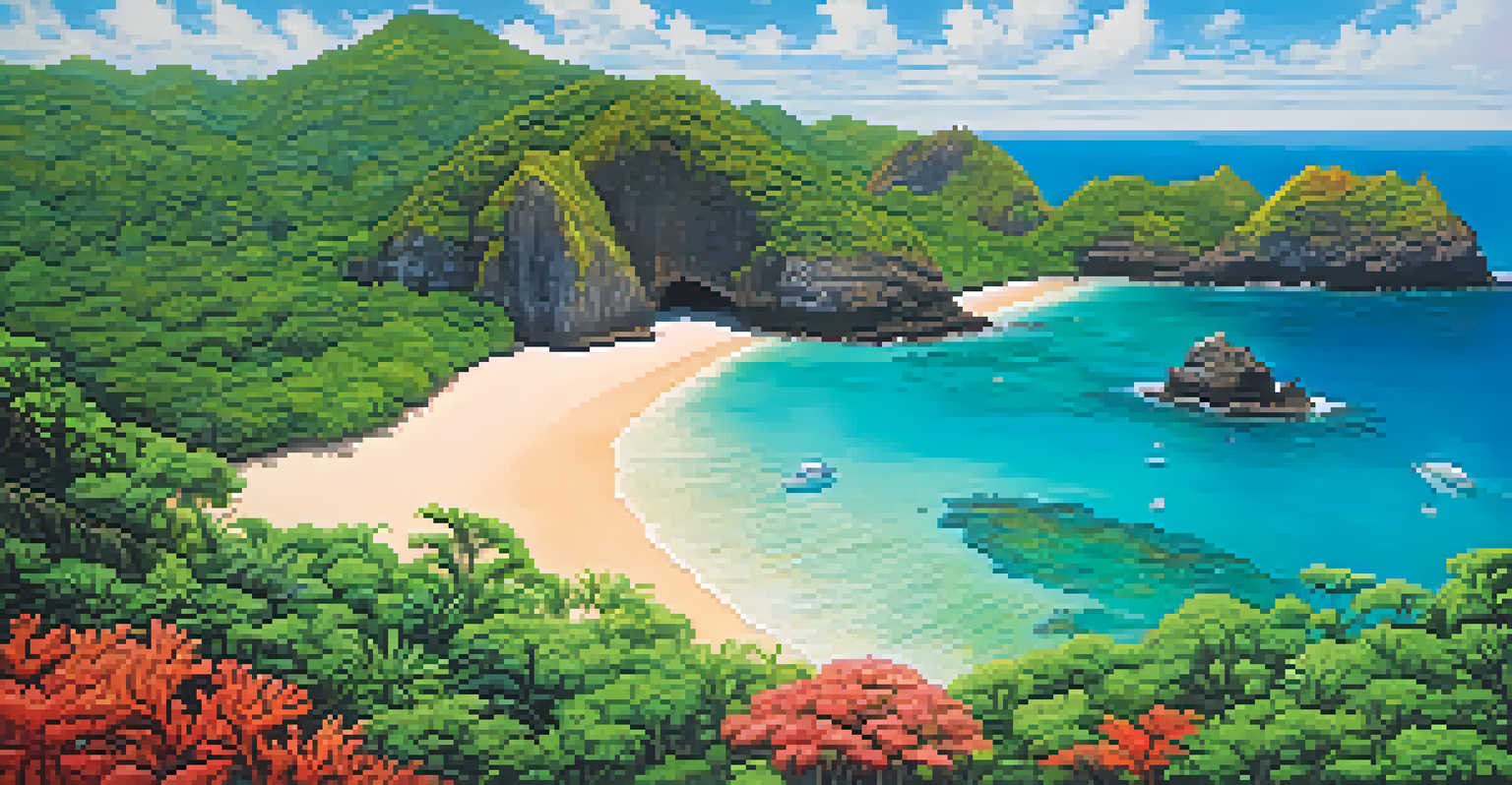 A tranquil scene of Fernando de Noronha's beach with a snorkeler in clear waters and coral reefs.